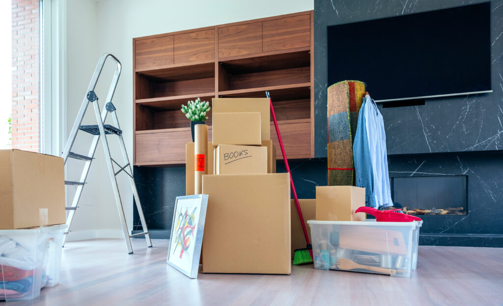 A room with boxes packed for small-scale moving services conducting micro moves. 