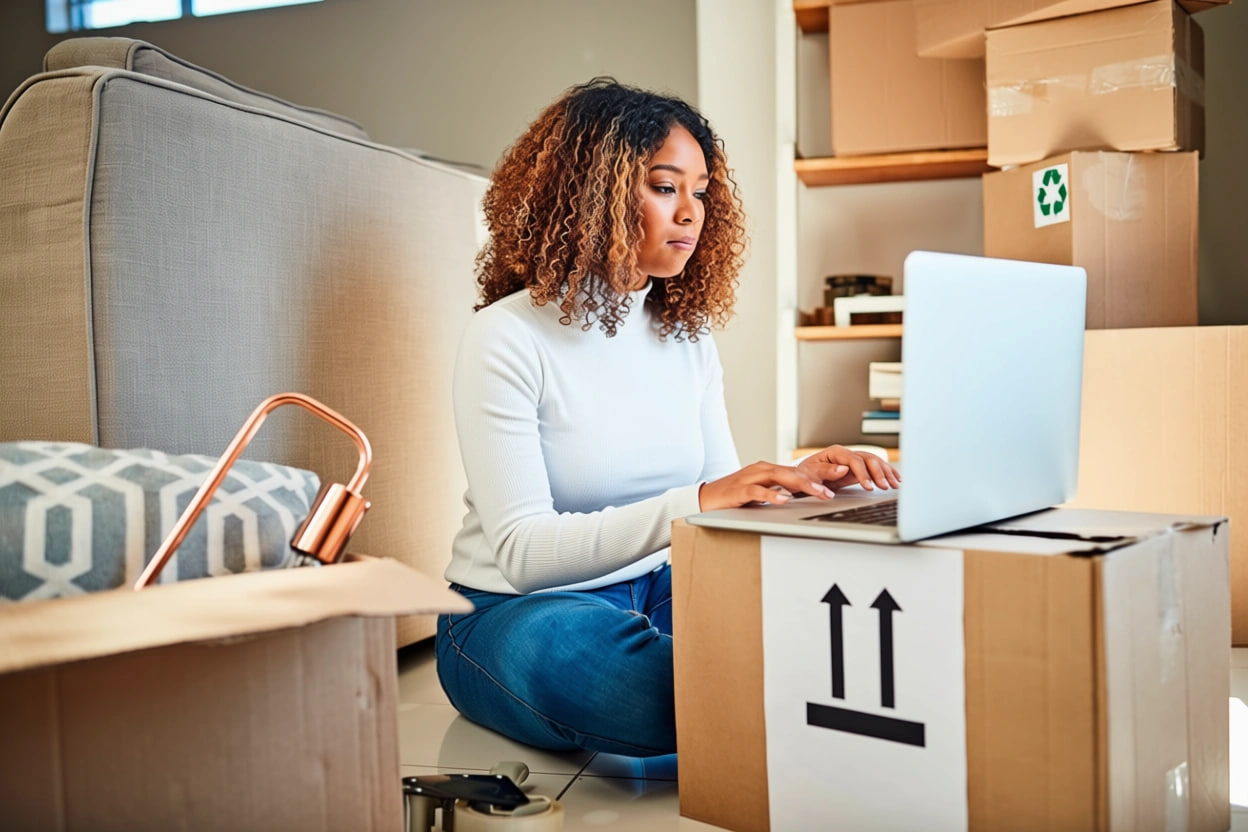 Woman with curly hair researching moving company prices looking for a moving estimate.