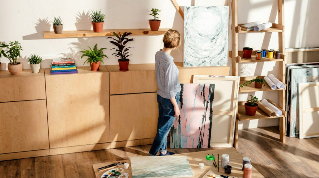 Lady observing her artwork to decide on specialty packing needs by her antique movers.